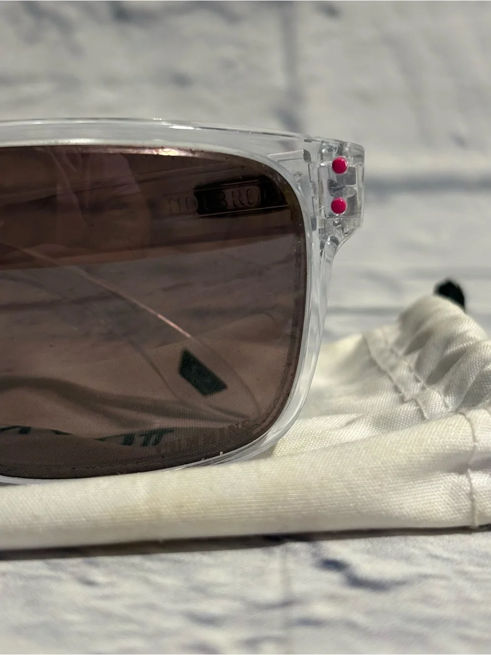 Oakley “Holbrook” customized clear frame/pink detail sunglasses + sleeve